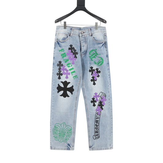 Chrome Hearts Cross Patch Embroidered Washed Jeans front view