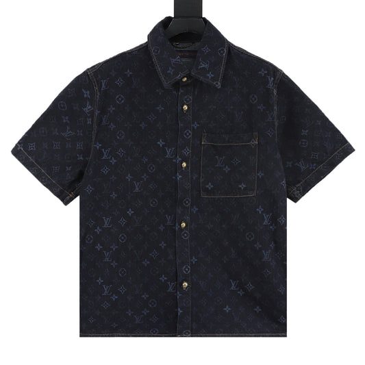 Louis Vuitton Monogram Denim Short-Sleeve Shirt - Dark Blue front view