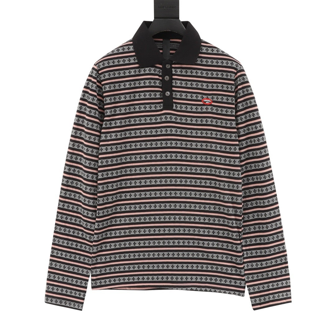 Chrome Hearts Striped Collar Long-Sleeve Polo Shirt front view