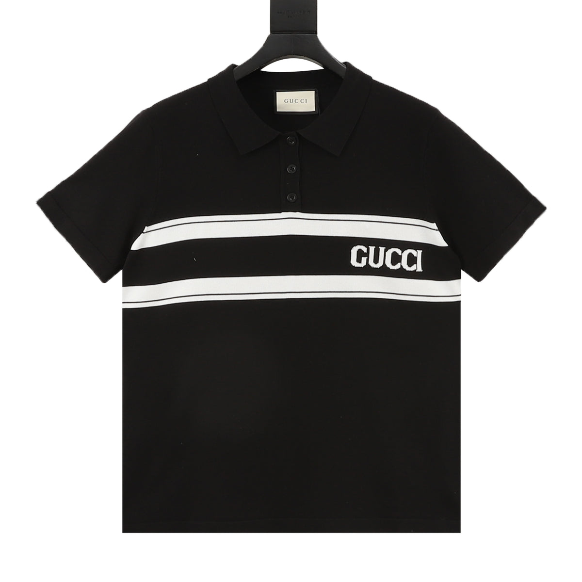 Gucci Stripe Letter Jacquard Knit Polo Shirt front view