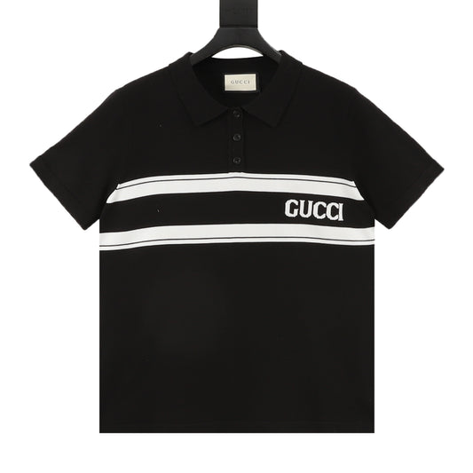 Gucci Stripe Letter Jacquard Knit Polo Shirt front view