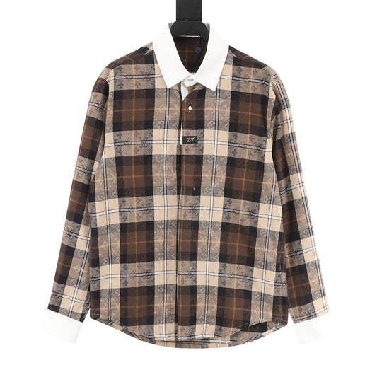 Louis Vuitton Contrast-Collar Flannel Long-Sleeve Shirt - Navy back view