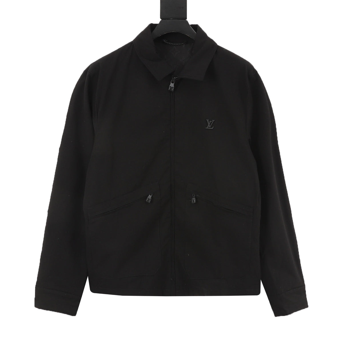 Louis Vuitton Metal-Logo Leather-Sleeve Utility Jacket - Black front view