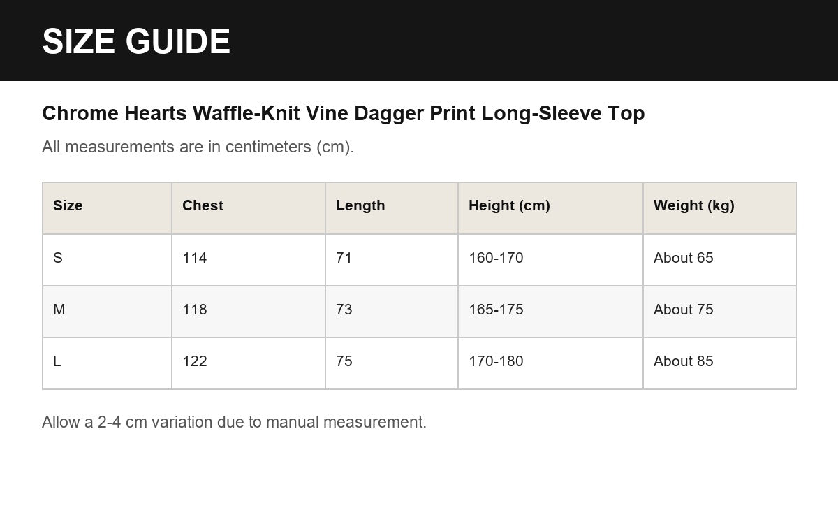 Chrome Hearts Waffle-Knit Vine Dagger Print Long-Sleeve Top English size guide