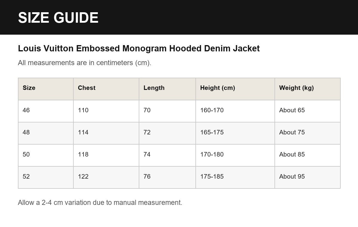 Louis Vuitton Embossed Monogram Hooded Denim Jacket English size guide
