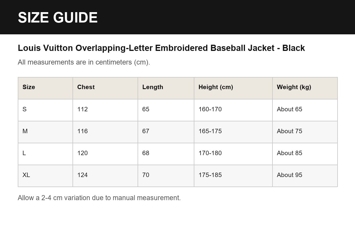 Louis Vuitton Overlapping-Letter Embroidered Baseball Jacket - Black English size guide