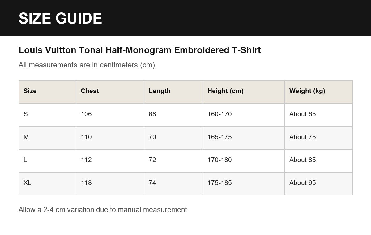 Louis Vuitton Tonal Half-Monogram Embroidered T-Shirt English size guide