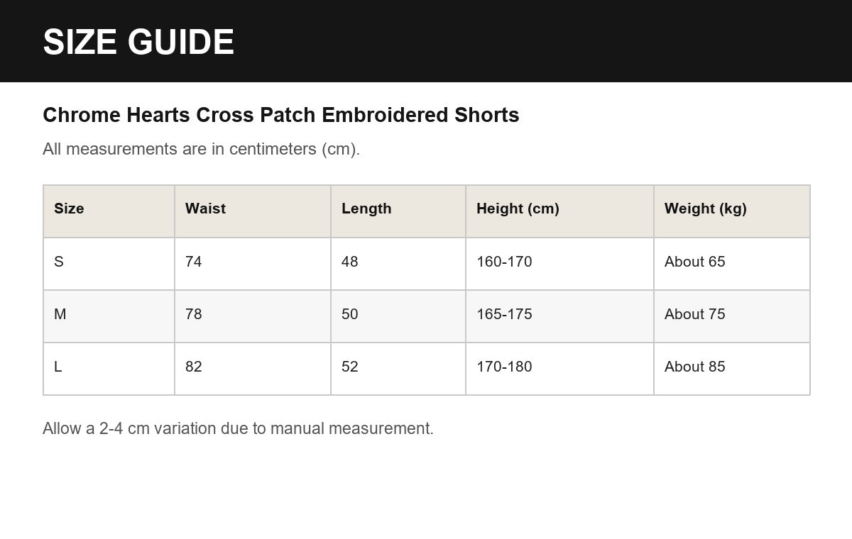 Chrome Hearts Cross Patch Embroidered Shorts English size guide
