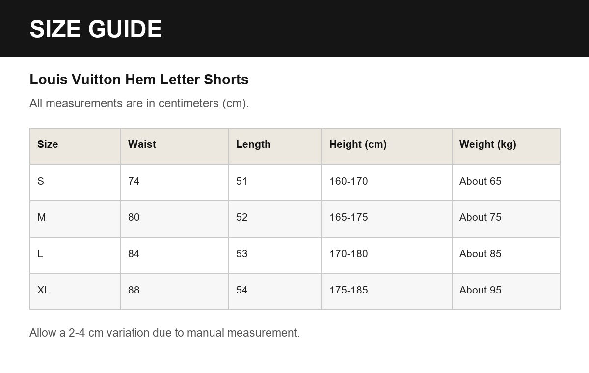Louis Vuitton Hem Letter Shorts English size guide