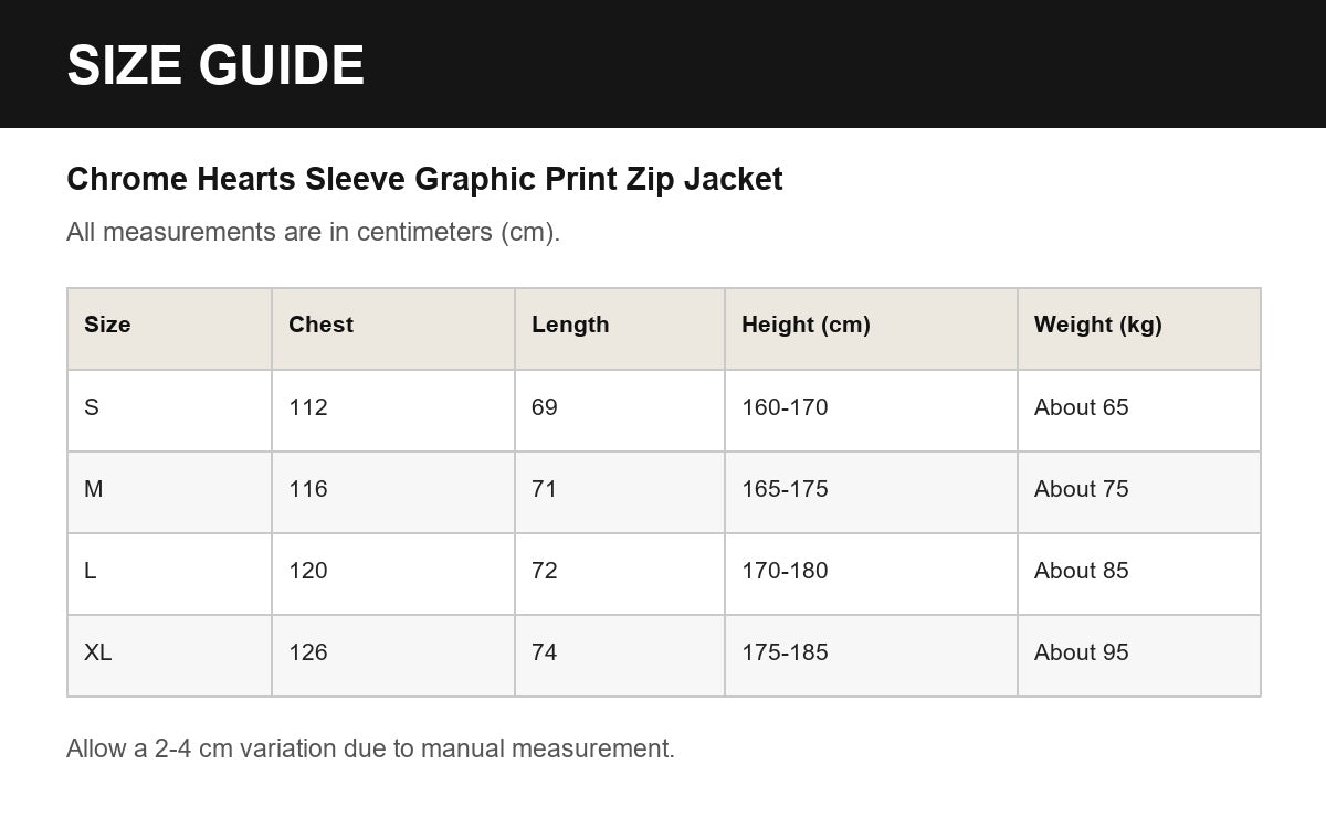 Chrome Hearts Sleeve Graphic Print Zip Jacket English size guide