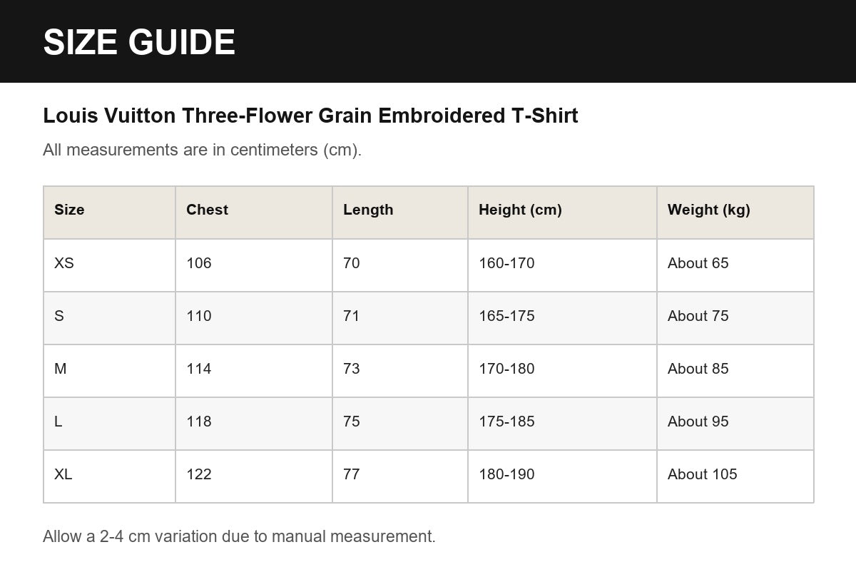 Louis Vuitton Three-Flower Grain Embroidered T-Shirt English size guide
