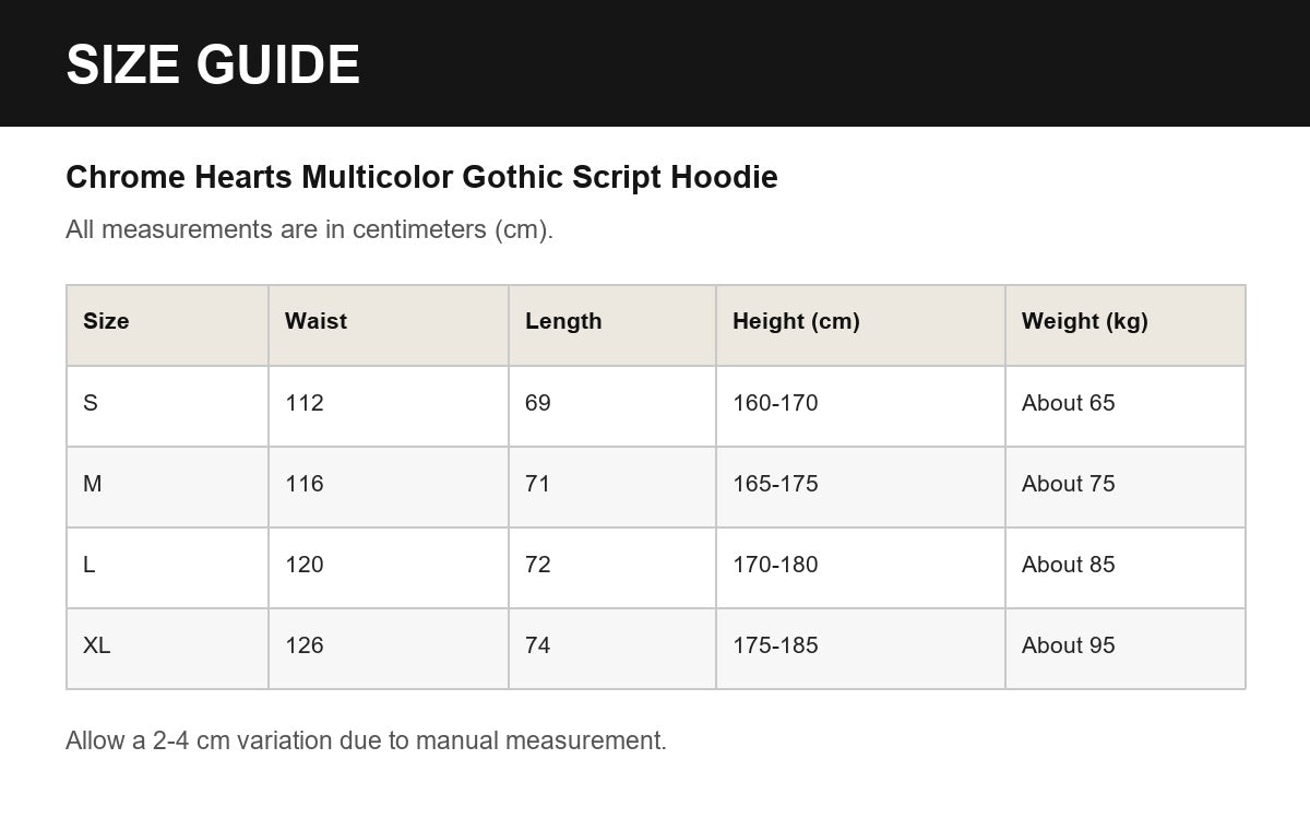 Chrome Hearts Multicolor Gothic Script Hoodie English size guide