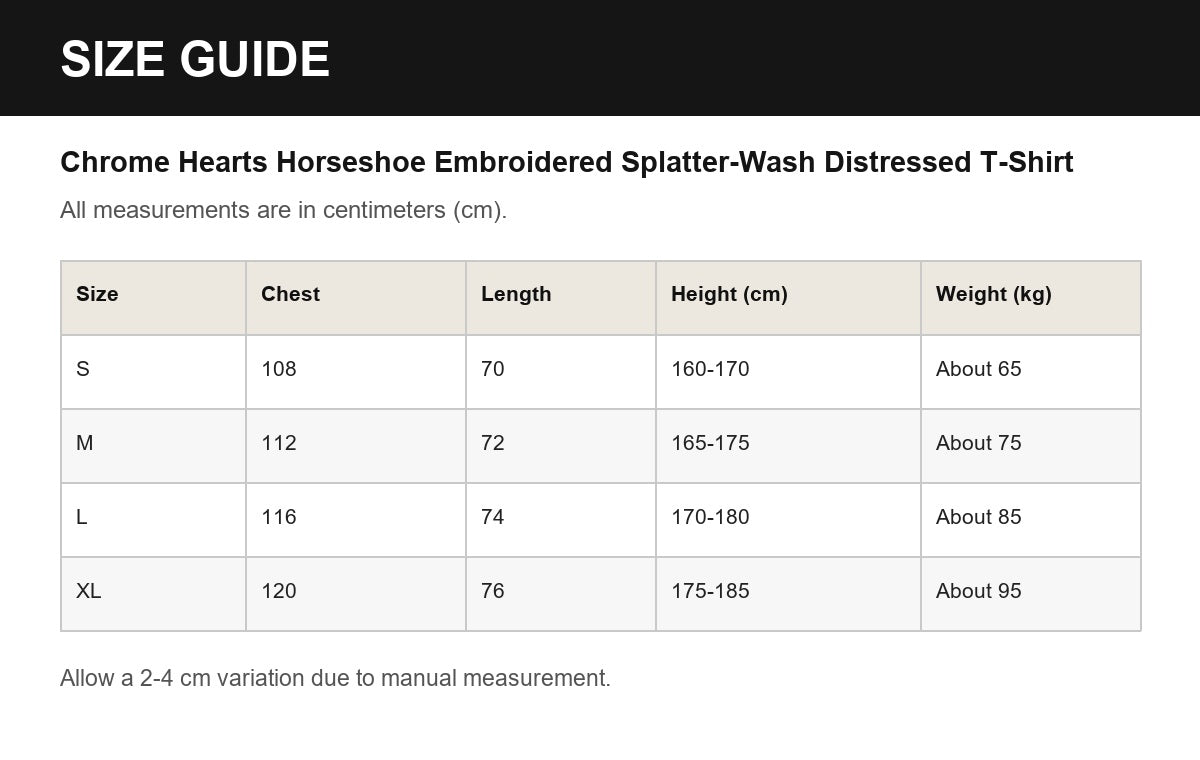 Chrome Hearts Horseshoe Embroidered Splatter-Wash Distressed T-Shirt English size guide