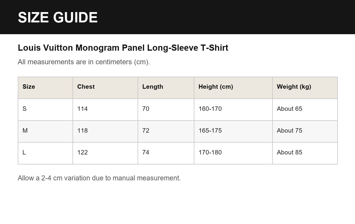 Louis Vuitton Monogram Panel Long-Sleeve T-Shirt English size guide