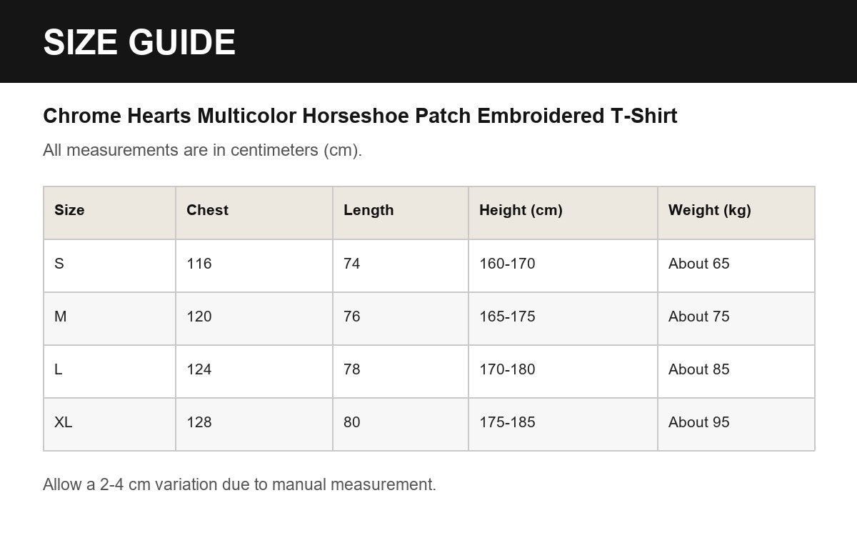 Chrome Hearts Multicolor Horseshoe Patch Embroidered T-Shirt English size guide