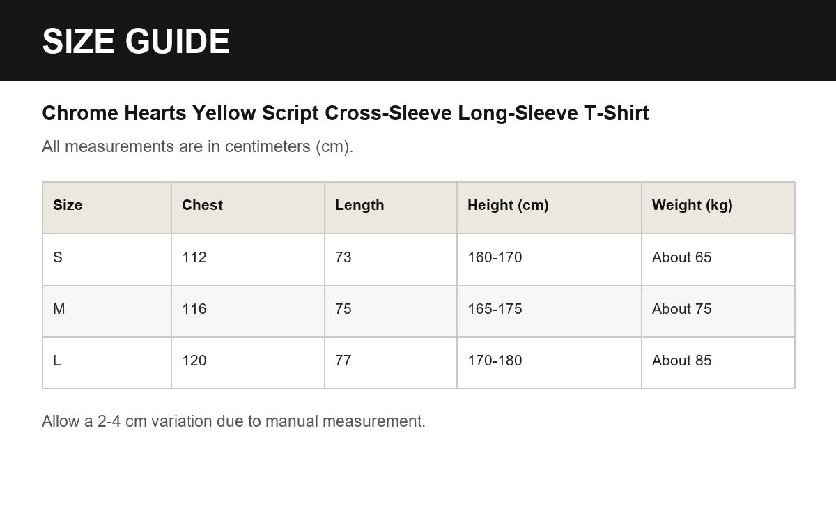 Chrome Hearts Yellow Script Cross-Sleeve Long-Sleeve T-Shirt English size guide