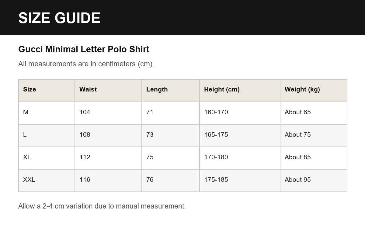 Gucci Minimal Letter Polo Shirt English size guide