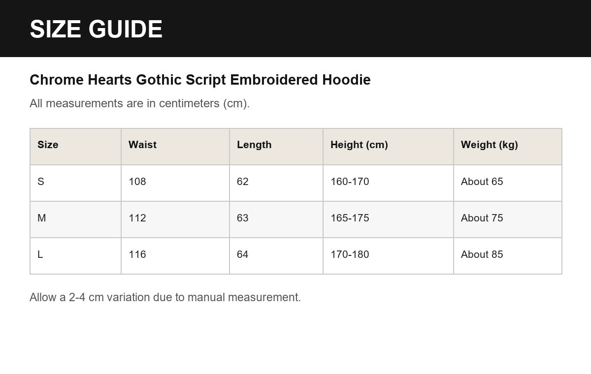 Chrome Hearts Gothic Script Embroidered Hoodie English size guide