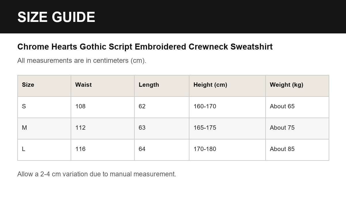 Chrome Hearts Gothic Script Embroidered Crewneck Sweatshirt English size guide
