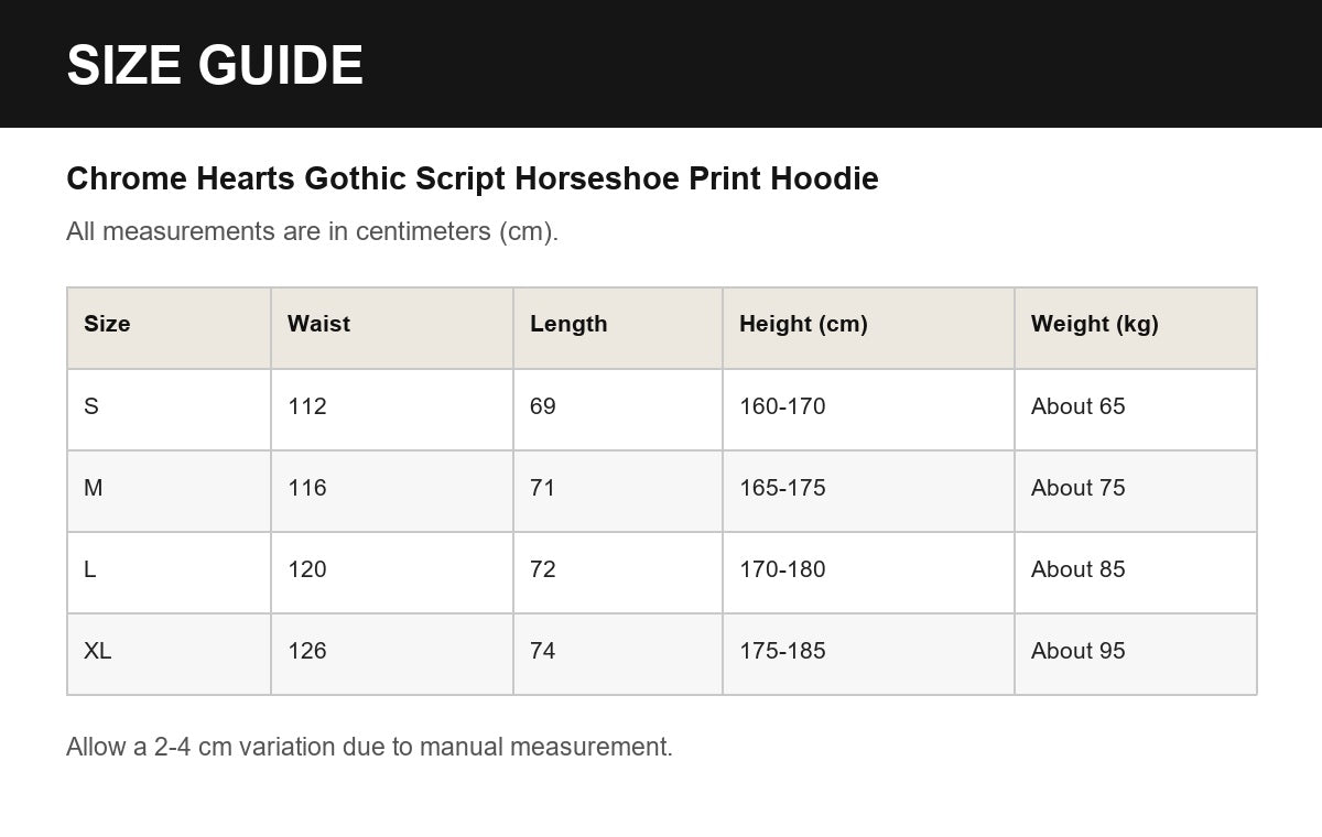 Chrome Hearts Gothic Script Horseshoe Print Hoodie English size guide