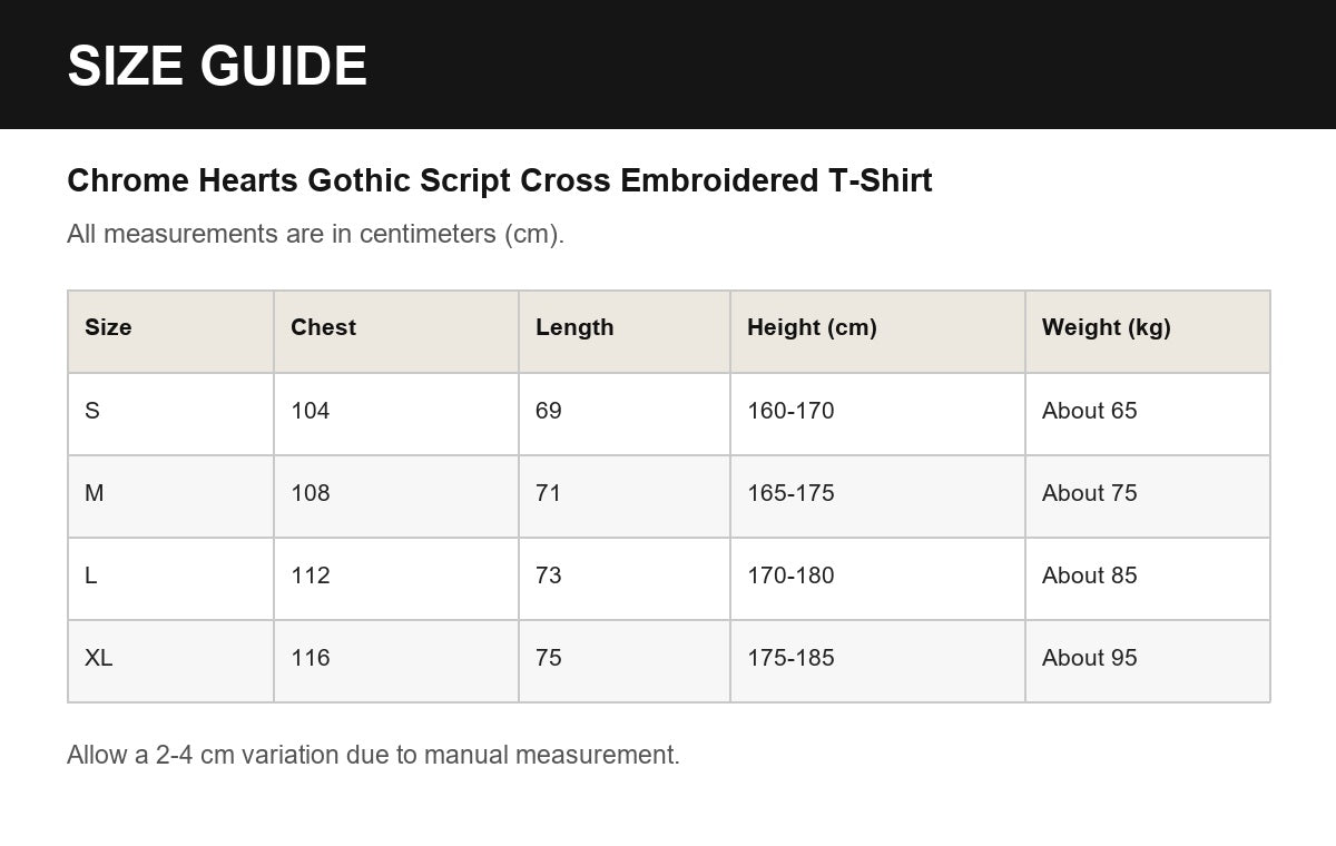 Chrome Hearts Gothic Script Cross Embroidered T-Shirt English size guide