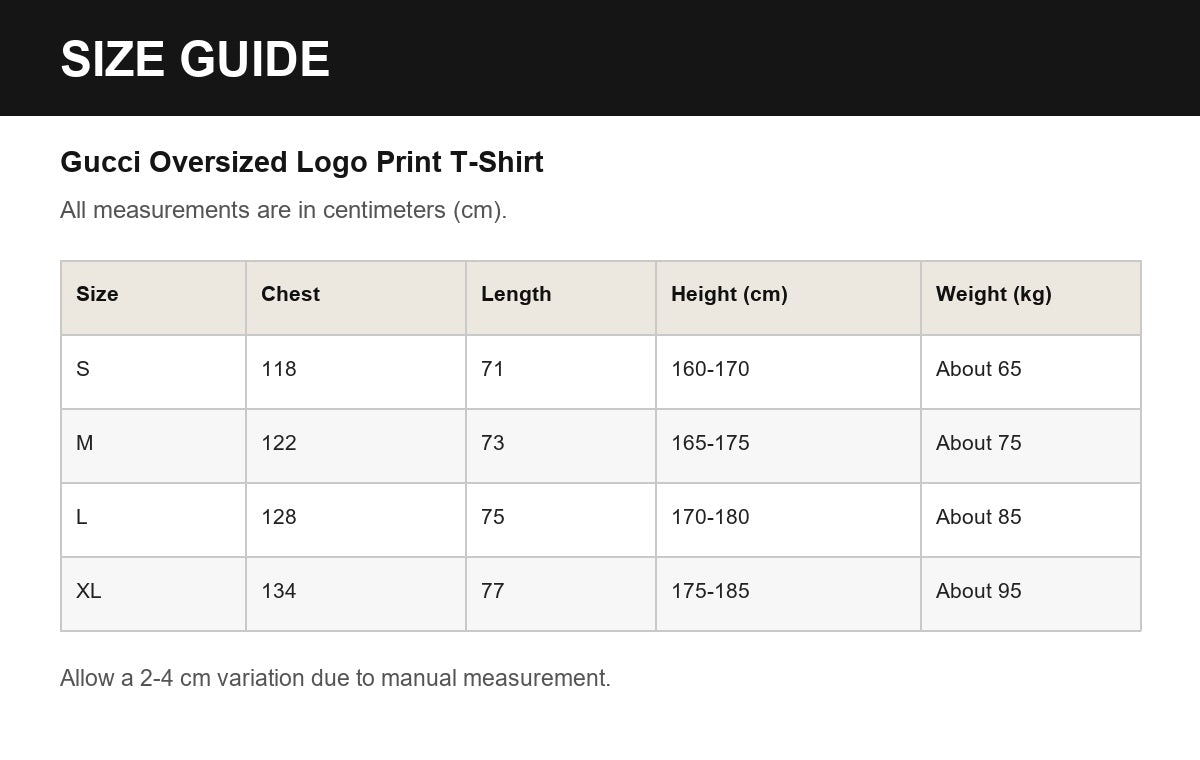 Gucci Oversized Logo Print T-Shirt English size guide