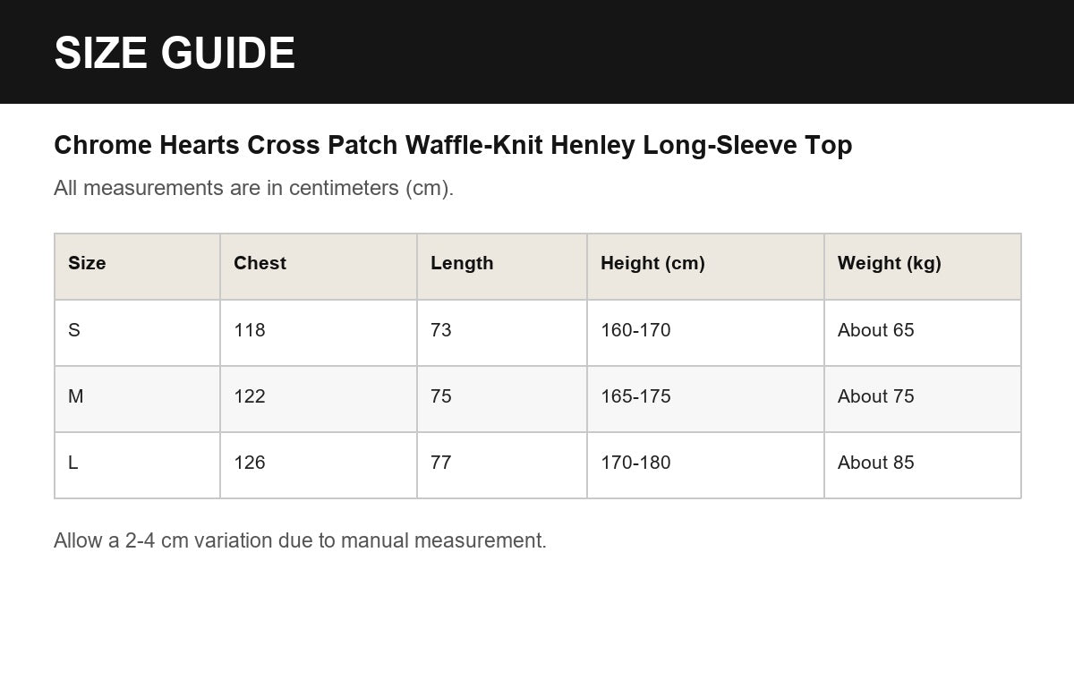 Chrome Hearts Cross Patch Waffle-Knit Henley Long-Sleeve Top English size guide