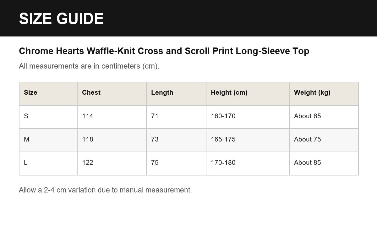 Chrome Hearts Waffle-Knit Cross and Scroll Print Long-Sleeve Top English size guide