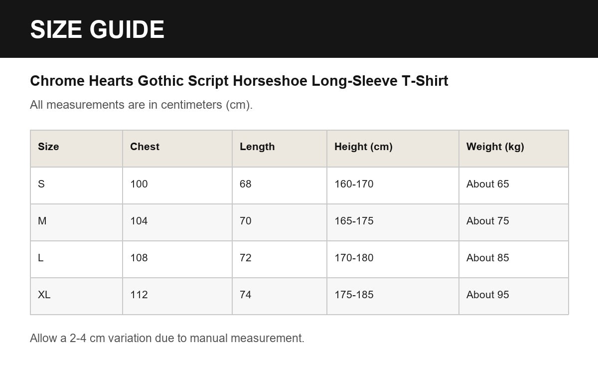 Chrome Hearts Gothic Script Horseshoe Long-Sleeve T-Shirt English size guide