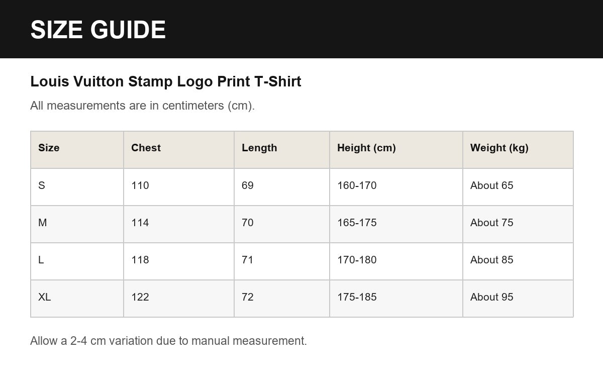 Louis Vuitton Stamp Logo Print T-Shirt English size guide