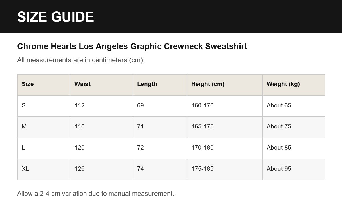 Chrome Hearts Los Angeles Graphic Crewneck Sweatshirt English size guide