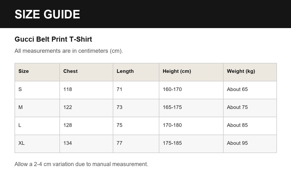 Gucci Belt Print T-Shirt English size guide