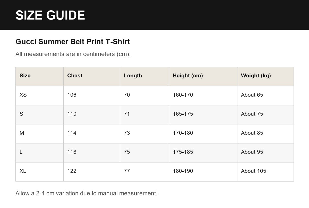 Gucci Summer Belt Print T-Shirt English size guide