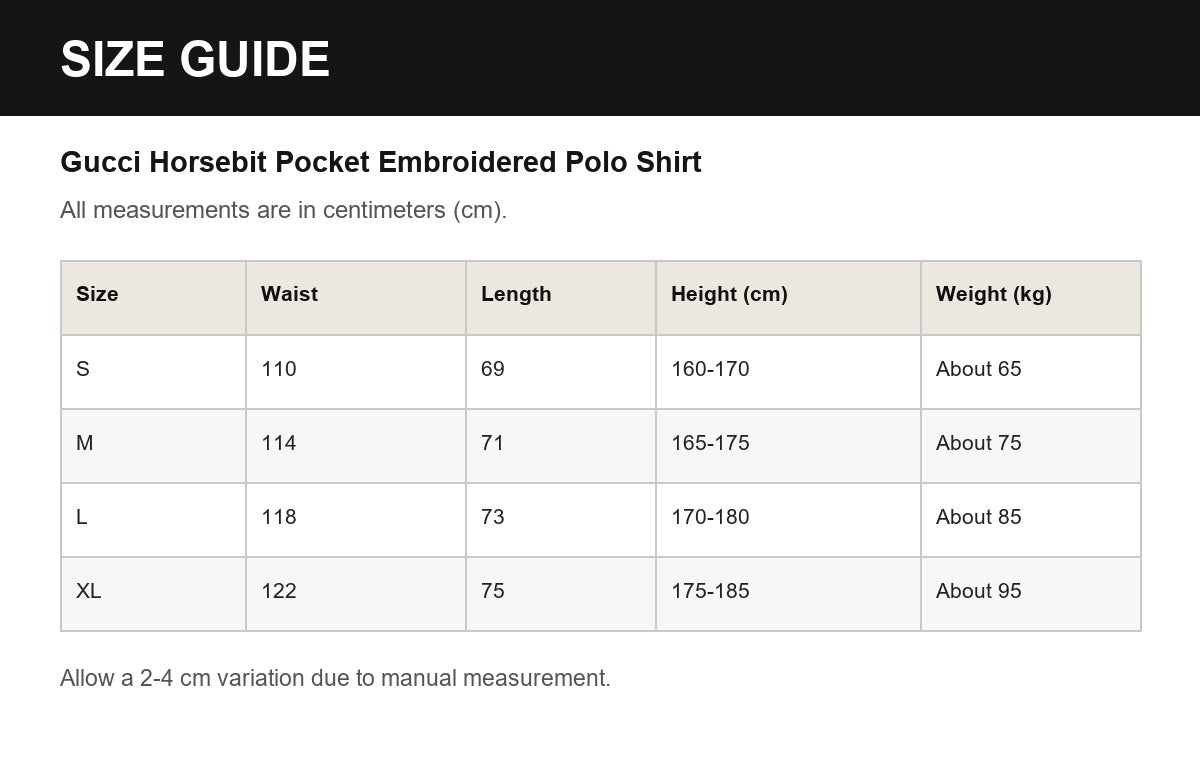 Gucci Horsebit Pocket Embroidered Polo Shirt English size guide
