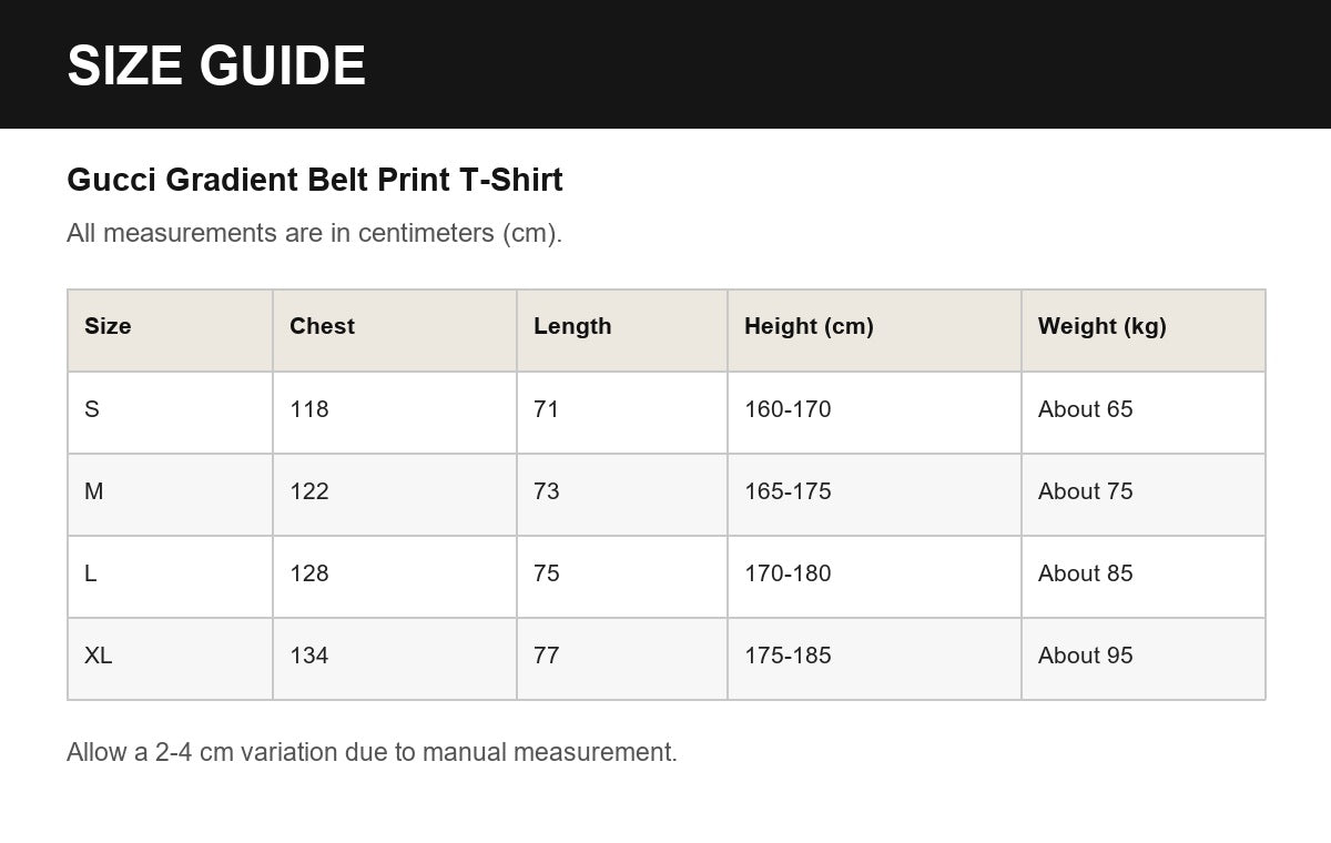 Gucci Gradient Belt Print T-Shirt English size guide