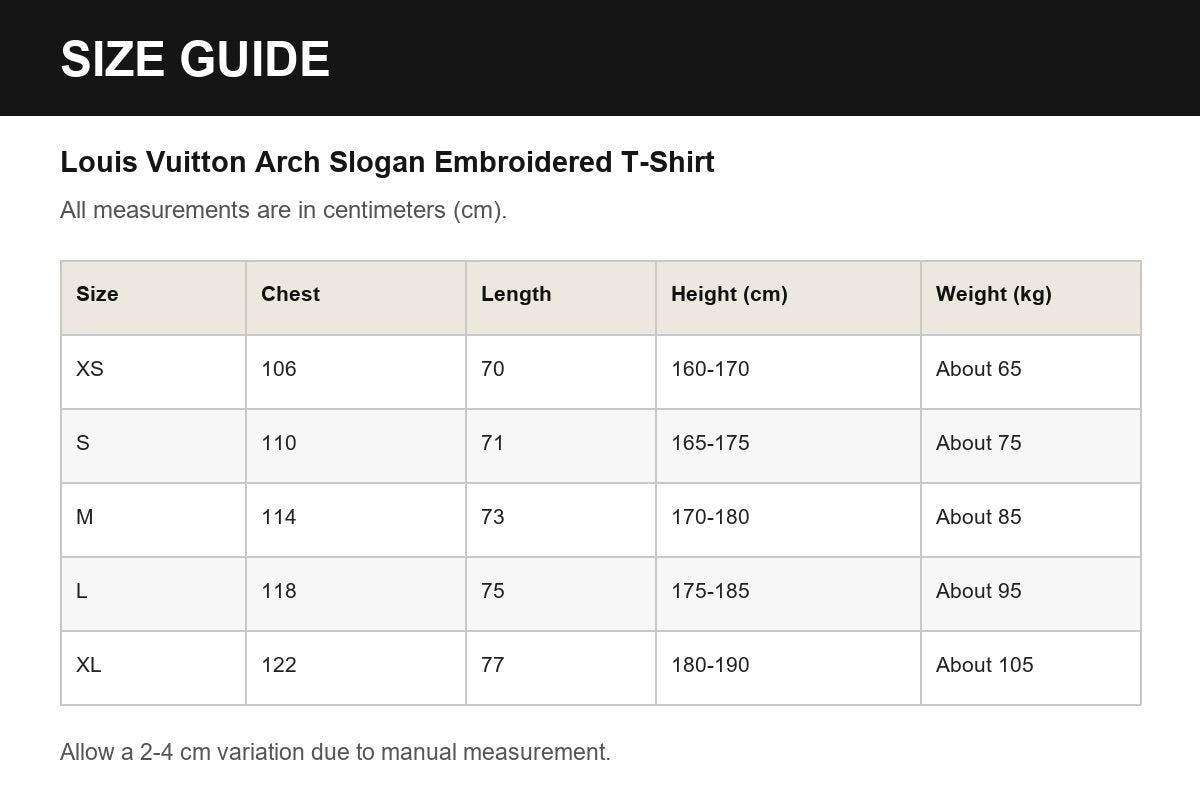Louis Vuitton Arch Slogan Embroidered T-Shirt English size guide