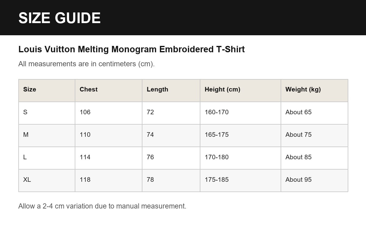 Louis Vuitton Melting Monogram Embroidered T-Shirt English size guide