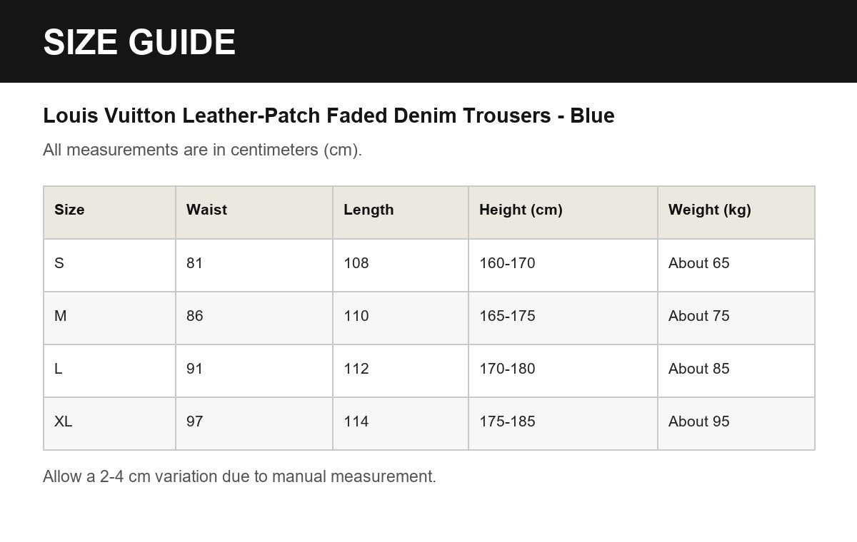Louis Vuitton Leather-Patch Faded Denim Trousers - Blue English size guide