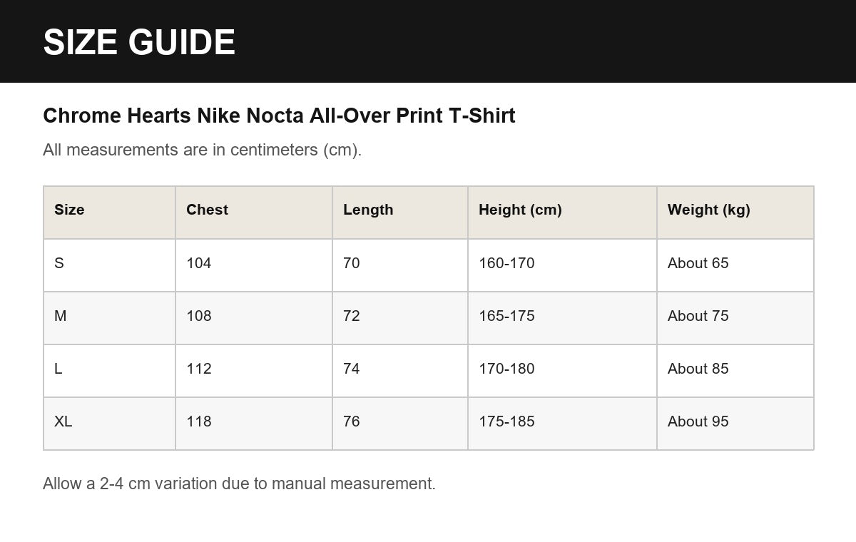 Chrome Hearts Nike Nocta All-Over Print T-Shirt English size guide