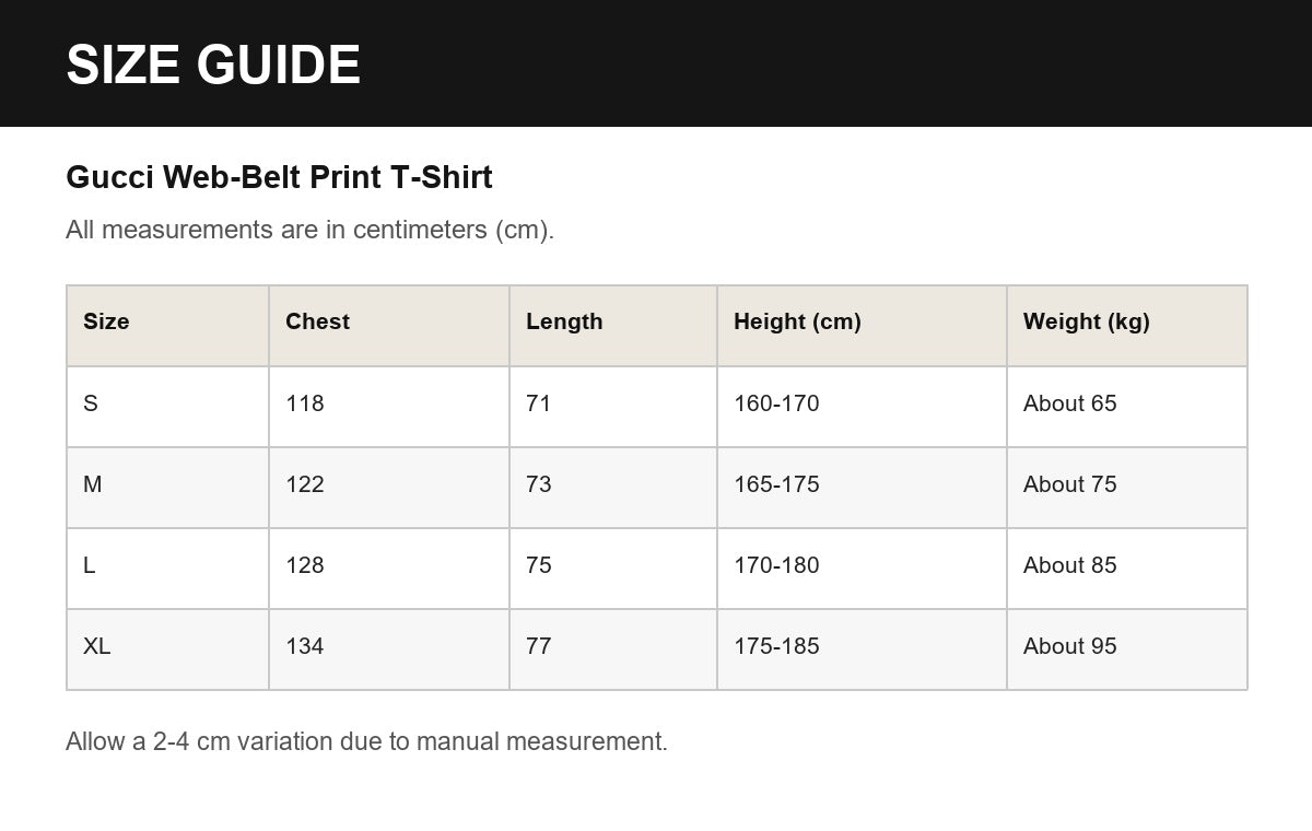 Gucci Web-Belt Print T-Shirt English size guide