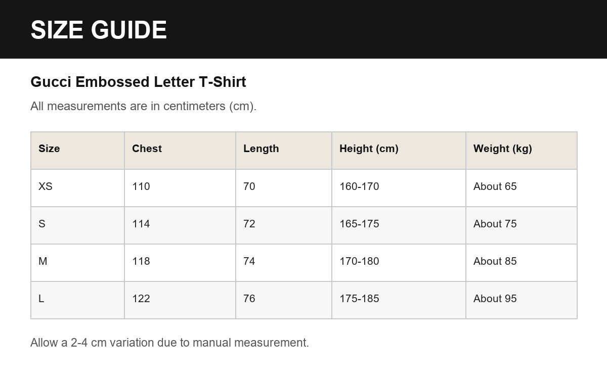 Gucci Embossed Letter T-Shirt English size guide