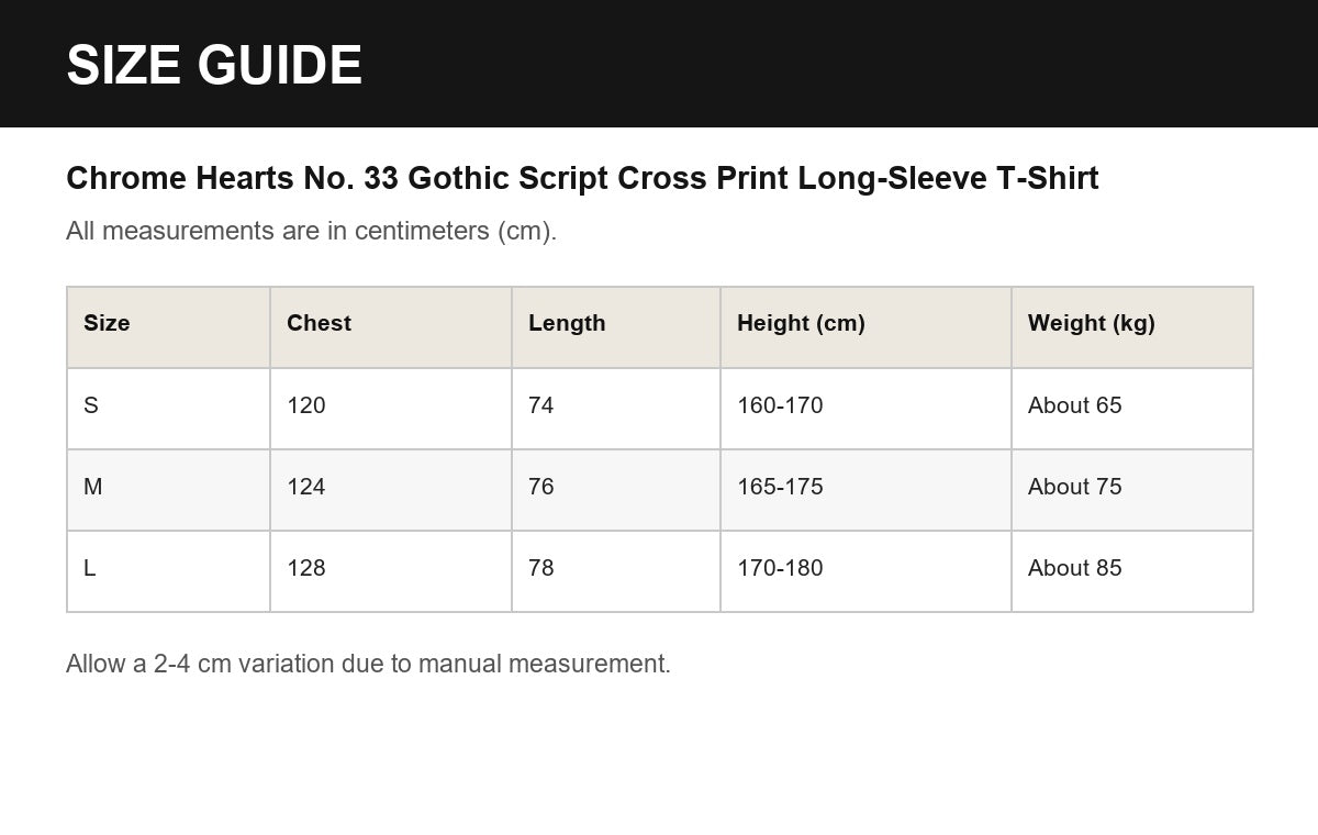 Chrome Hearts No. 33 Gothic Script Cross Print Long-Sleeve T-Shirt English size guide