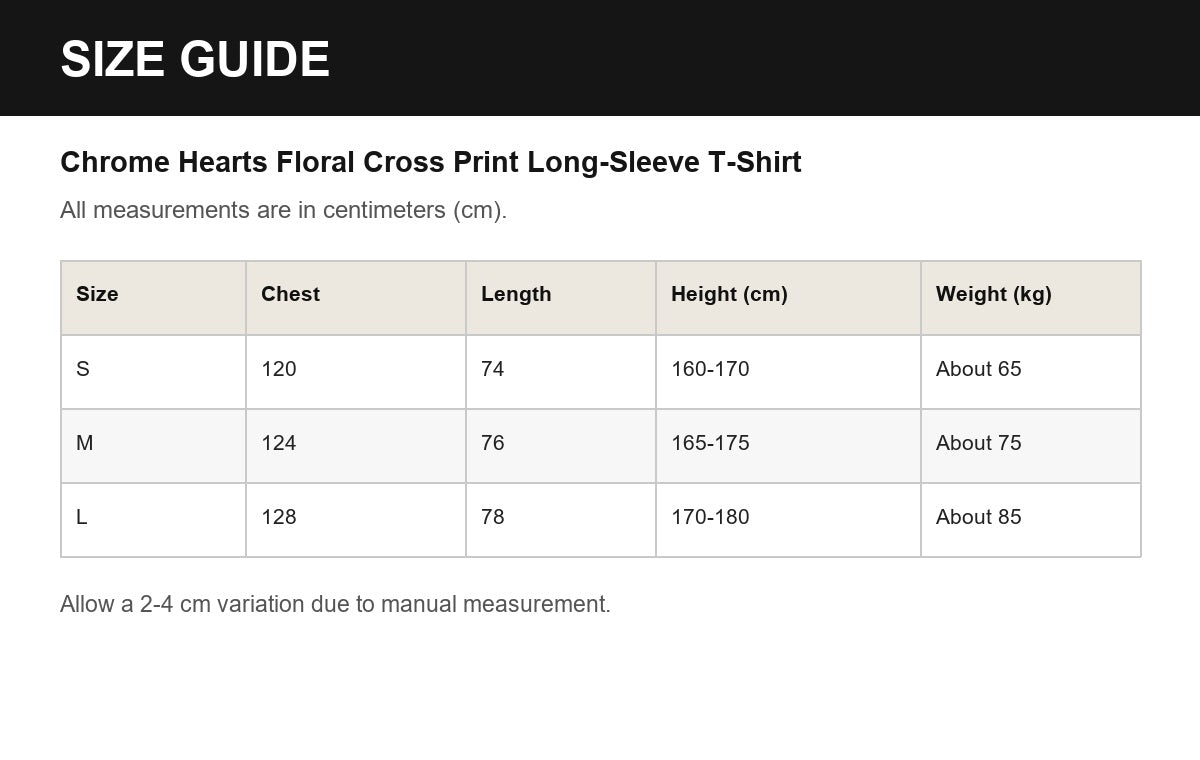 Chrome Hearts Floral Cross Print Long-Sleeve T-Shirt English size guide