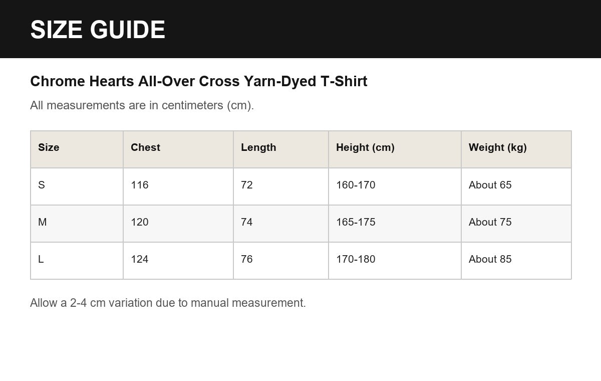 Chrome Hearts All-Over Cross Yarn-Dyed T-Shirt English size guide
