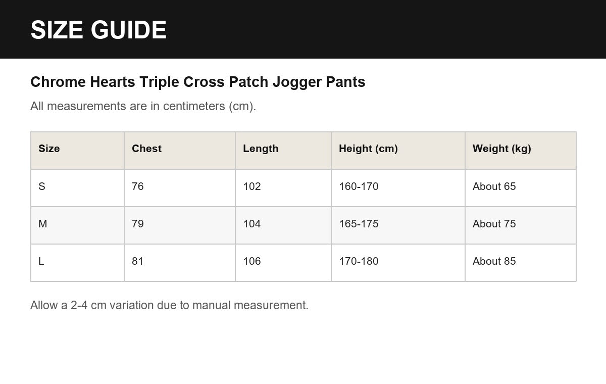Chrome Hearts Triple Cross Patch Jogger Pants English size guide