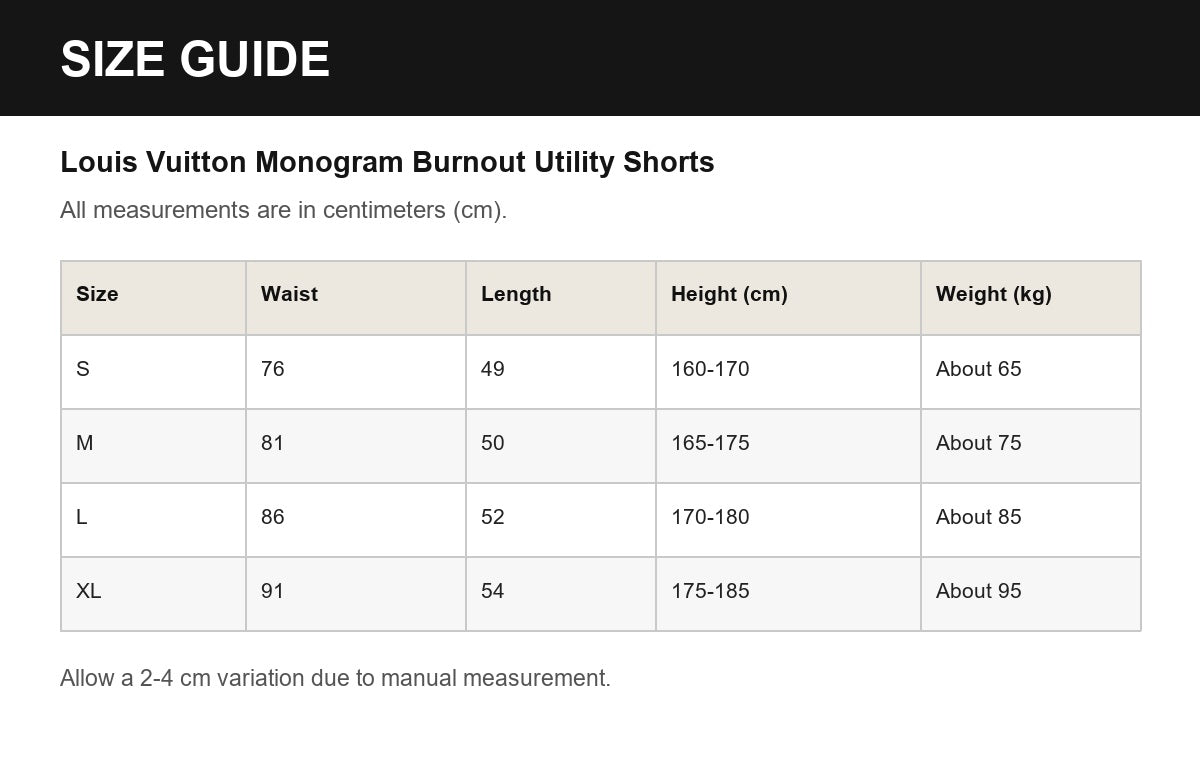 Louis Vuitton Monogram Burnout Utility Shorts English size guide