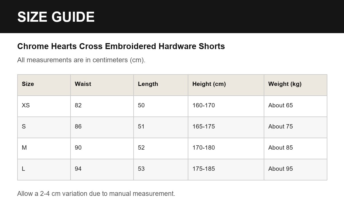 Chrome Hearts Cross Embroidered Hardware Shorts English size guide
