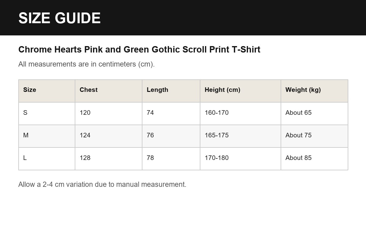 Chrome Hearts Pink and Green Gothic Scroll Print T-Shirt English size guide
