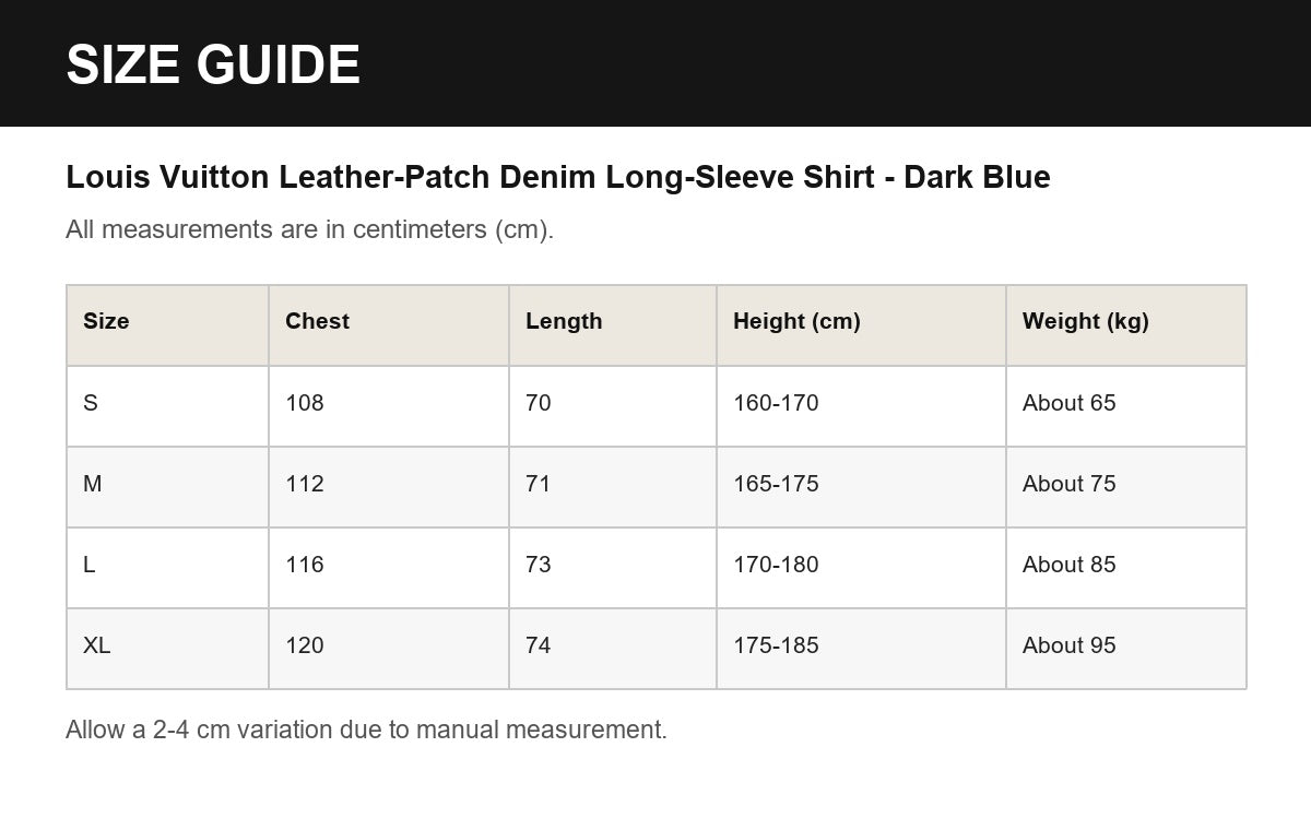Louis Vuitton Leather-Patch Denim Long-Sleeve Shirt - Dark Blue English size guide