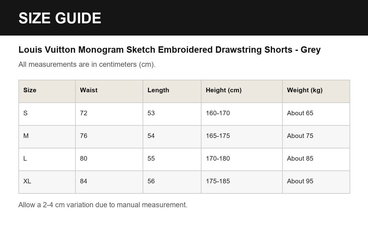 Louis Vuitton Monogram Sketch Embroidered Drawstring Shorts - Grey English size guide